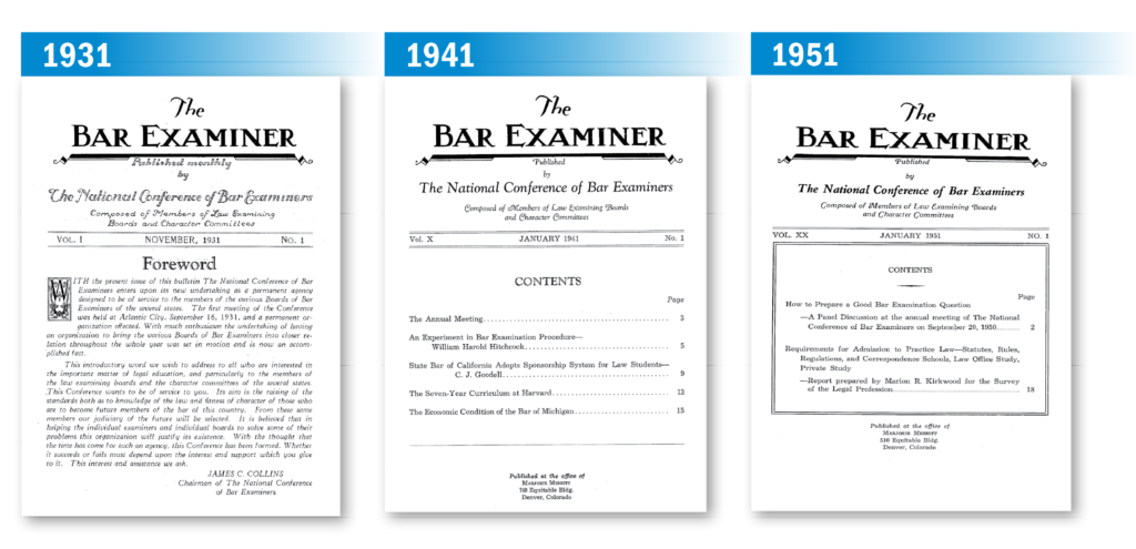 1931, 1941, and 1951 Bar Examiner covers side by side; simple designs with journal issue info and table of contents