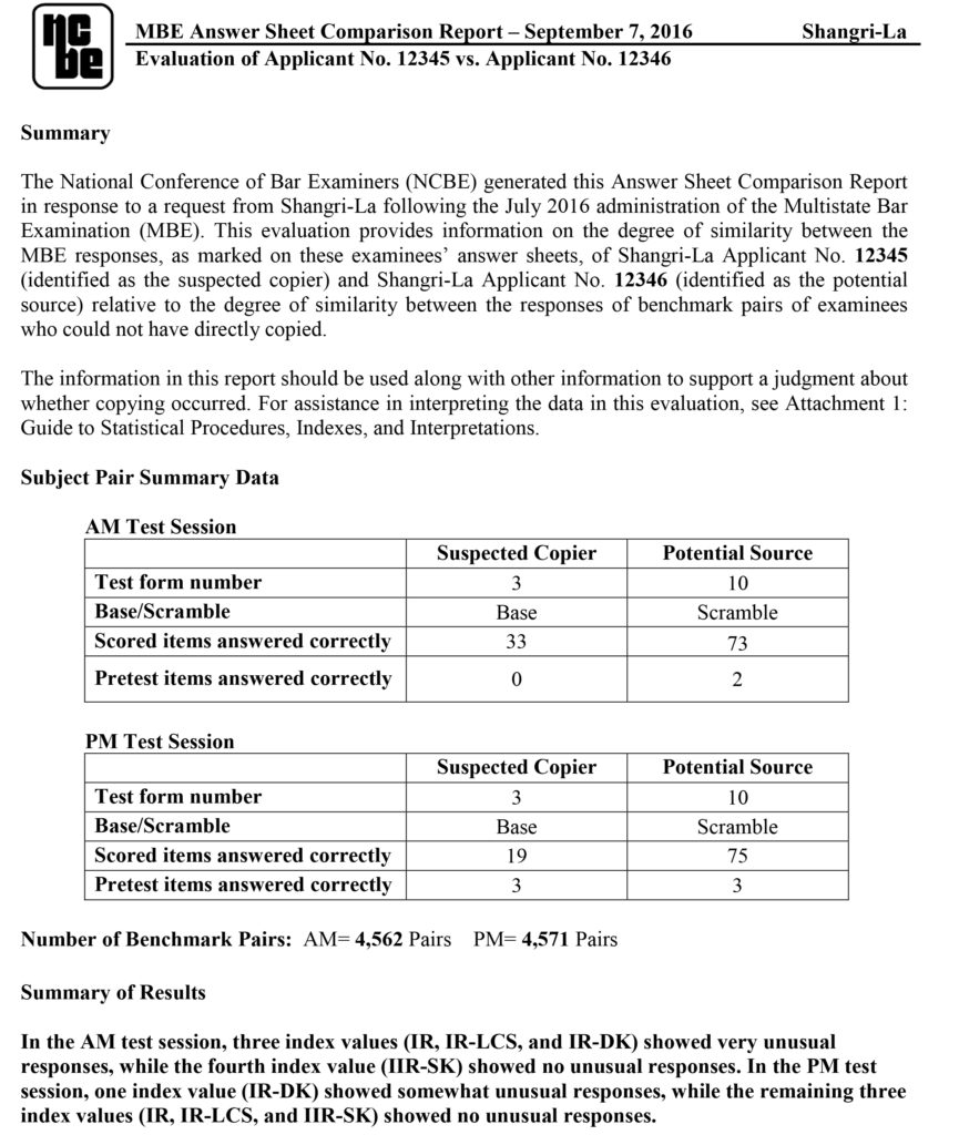 Sample Answer Sheet Comparison Report (page 1 of 4) with a summary directed to the test administrator, subject pair summary data for AM/PM test sessions, number of benchmark pairs for AM/PM test sessions, and a summary of the results.
