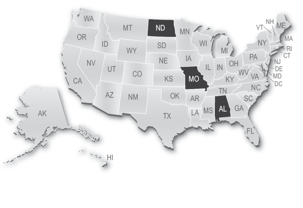 Map showing Missouri, North Dakota, and Alabama first administered the UBE in 2011.