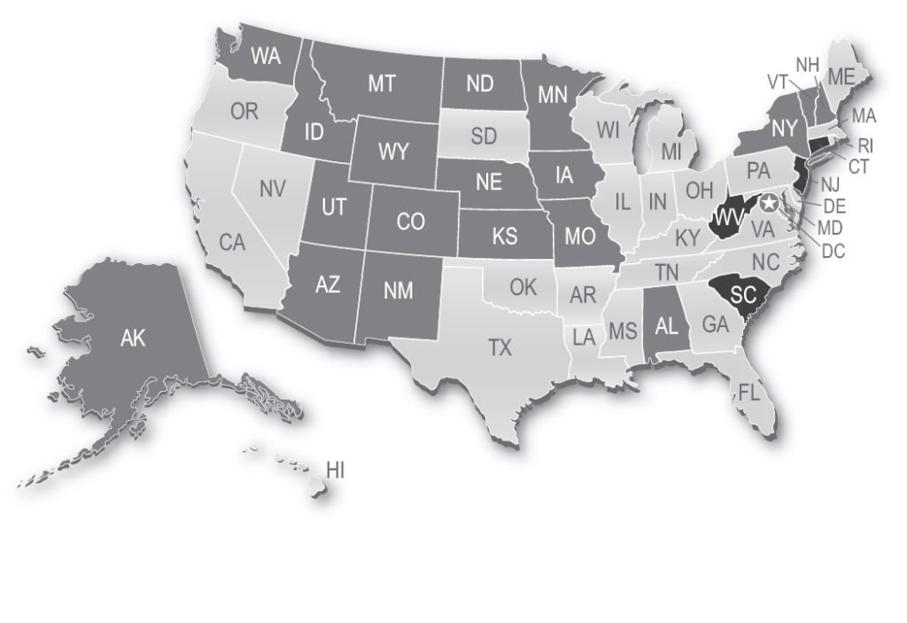 Map showing South Carolina, the District of Columbia, New Jersey, West Virginia, Connecticut, Massachusetts adopted the UBE in 2016