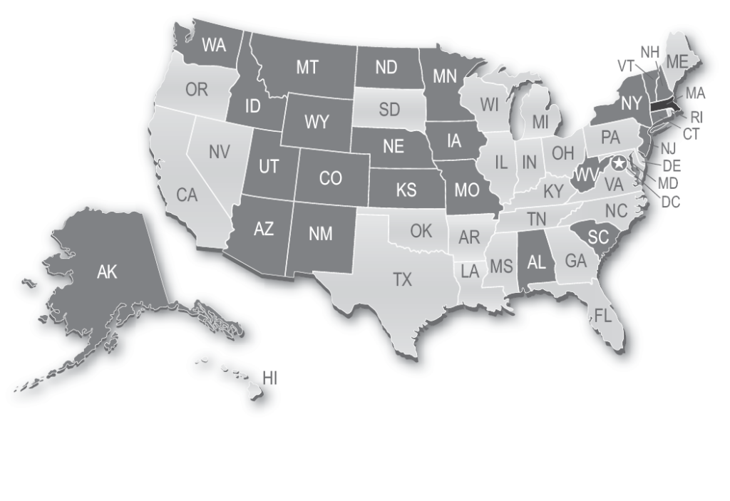 Map showing Massachusetts will first administer the UBE in 2018.