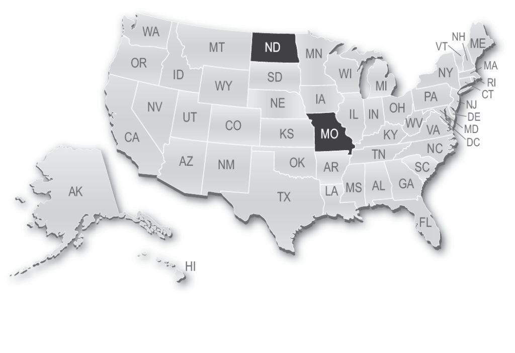 Map showing Missouri, North Dakota adopted the UBE in 2010