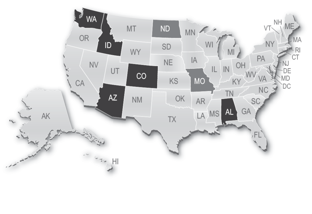 Map showing Washington, Alabama, Idaho, Colorado, Arizona adopted the UBE in 2011