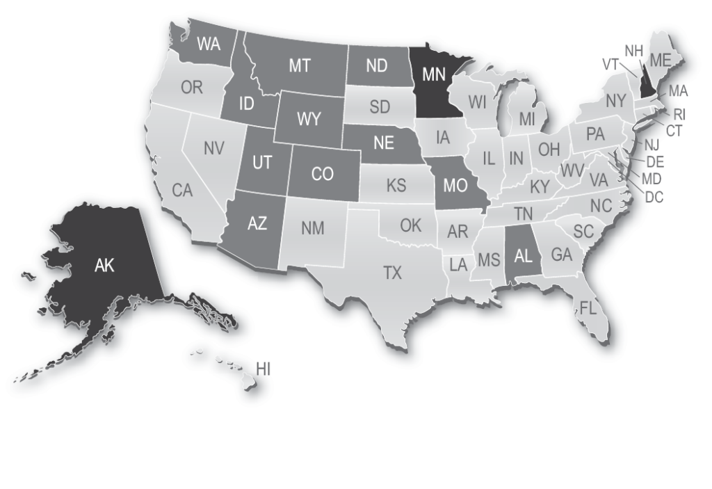 Map showing New Hampshire, Minnesota, Alaska adopted the UBE in 2013