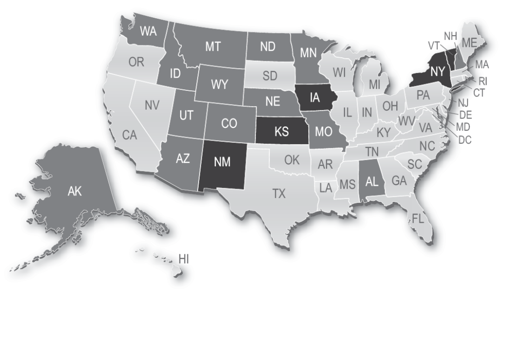 Map showing Kansas, Iowa, New Mexico, the District of Columbia, New York, Vermont first administered the UBE in 2016.