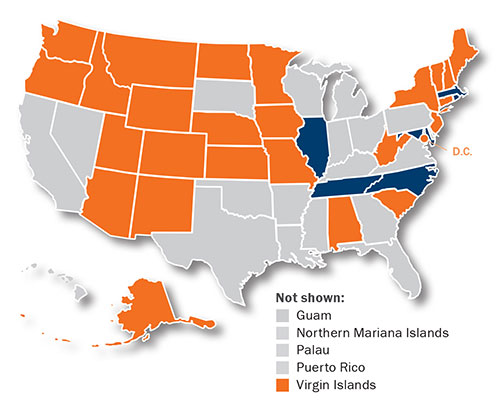 Map of the United States showing 27 orange jurisdictions that currently administer the UBE and 6 blue jurisdictions that have adopted the UBE but not yet administered it. For an up-to-date list of UBE jurisdictions go online to http://www.ncbex.org/exams/ube/