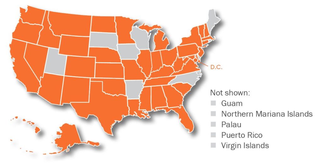 Map of the United States with home jurisdictions colored orange. Policy committee members are from all U.S. states except: South Dakota, Iowa, Arkansas, Wisconsin, North Carolina, Maine, Utah, and the U.S. Territories