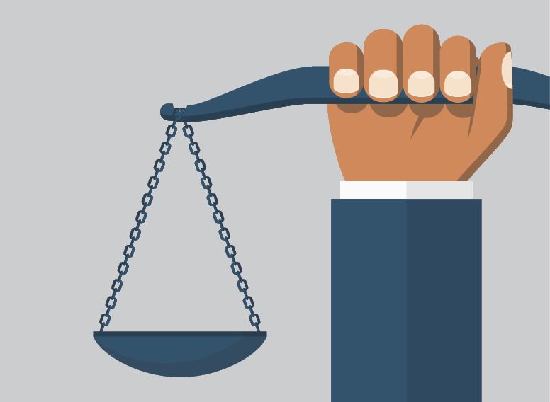 Illustration of hand holding the scale of justice