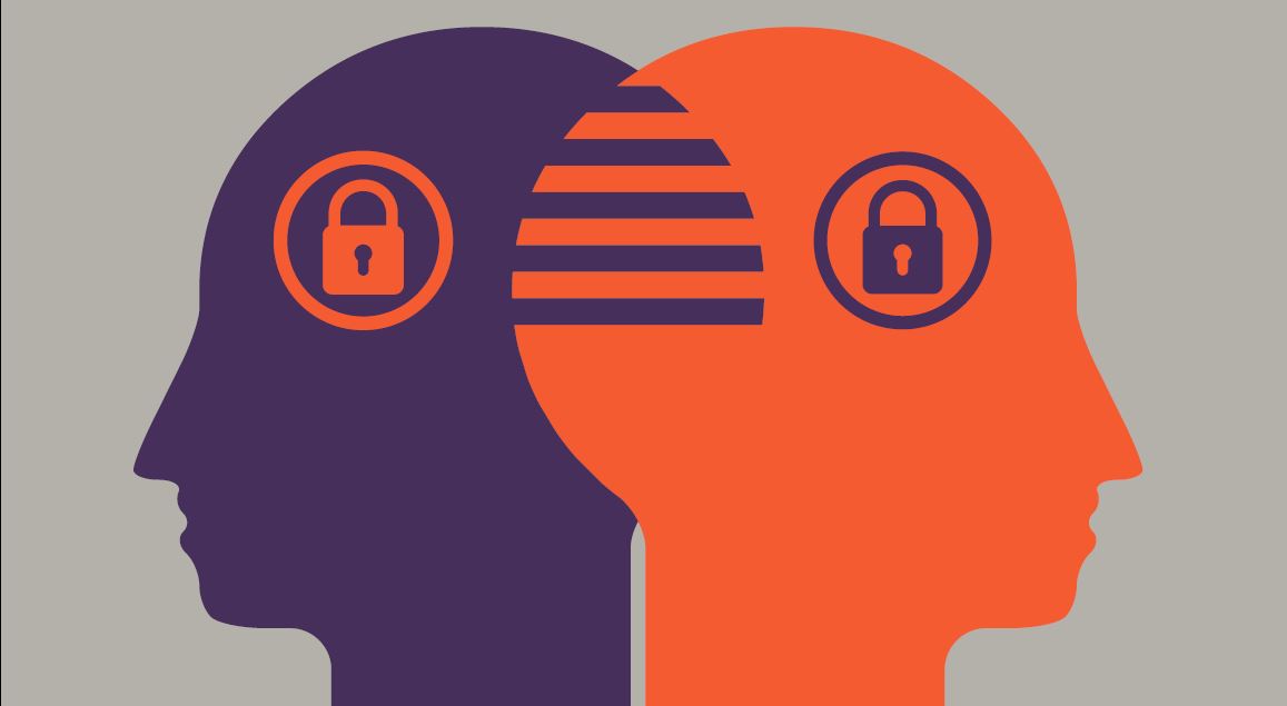 Illustration of 2 heads overlapping with 2 padlocks to portray security