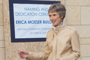 Diane Boss speaking in front of the NCBE building