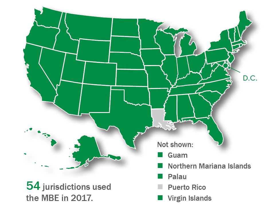 Map of the United States shows the 54 jurisdictions that used the Multistate Bar Examination (MBE) in 2017. This includes all states EXCEPT Louisiana. It also includes the District of Columbia, Guam, the Northern Mariana Islands, Palau, and the U.S. Virgin Islands, but NOT Puerto Rico.