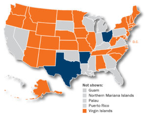 Map of the United States showing jurisdictions (orange) that have adopted the UBE.  Visit the NCBE website at www.ncbex.org/exams/ube for a current list of UBE jurisdictions