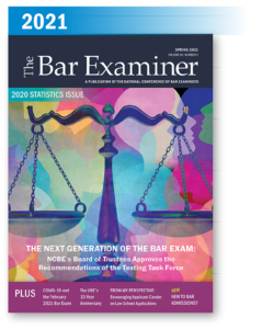 2021 Bar Examiner cover; scales of justice superimosed over multicolored background of facial silhouettes