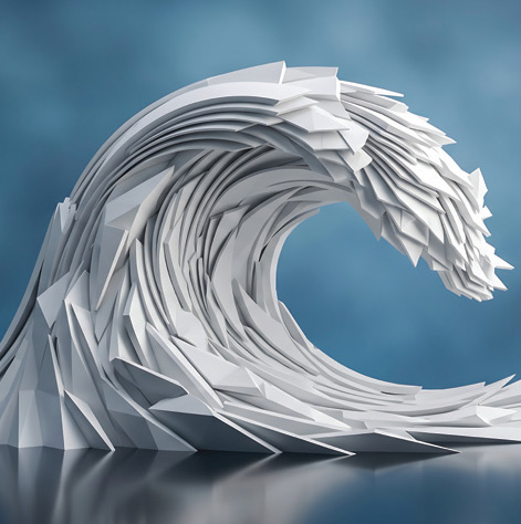 Sculptural low poly wave made of paper, Origami ocean surge white