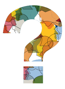 Graphic in shape of a question mark, made up of facial outlines filled in with various colors