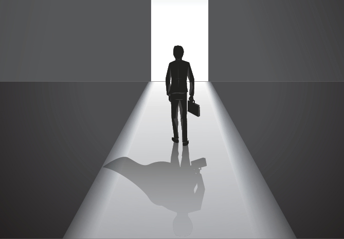 Dark grey background with a white gap like a doorway in the background, casting white light through to the foreground. Person in a suit holding a briefcase faces the gap, casting their shadow behind them.