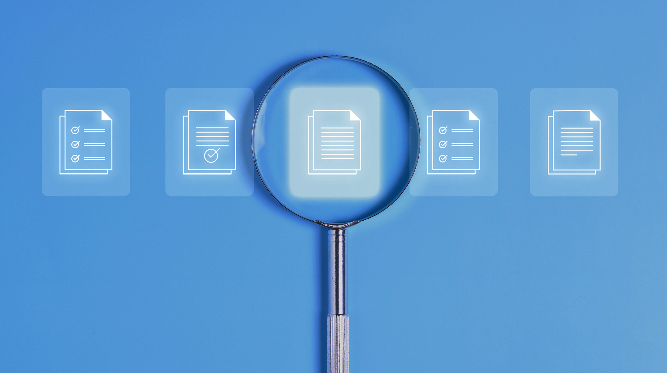 A line of five icons denoting documents of different types on a light blue background. The middle icon is highlighted and under a magnifying glass