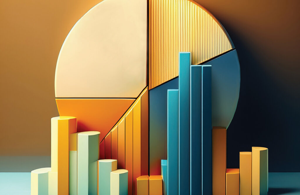 A pie chart is divided into orange and blue sections. The bottom of the image shows blue, orange, and green line graphs of various heights.