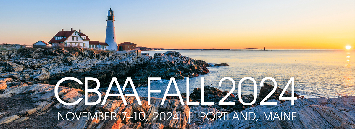 CBAA Fall 2024 Meeting Logo overlaid on a landscape photo of Portland, Maine, with coastline and a lighthouse