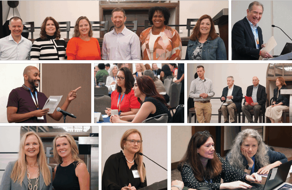 A collage of photos show presenters speaking into microphones at the CBAA Fall 2025 Meeting. In one image, speakers pose for a group photo. In another image, two attendees look at a laptop screen.