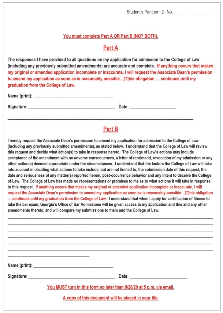 The second page of Georgia State University College of Law’s Declaration of Disclosure for 2020–2021 is shown here. This page gives students a choice of declaring that the student’s previous disclosures on the law school application were complete or requesting permission to amend the application.