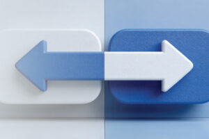 The left side of the image shows a blue arrow pointing to the left against a white background. The right side of the image shows a white arrow pointing to the right against a blue background.