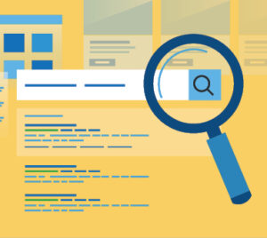 clip art of magnifying glass over a web search bar on a yellow background with mock search results below: