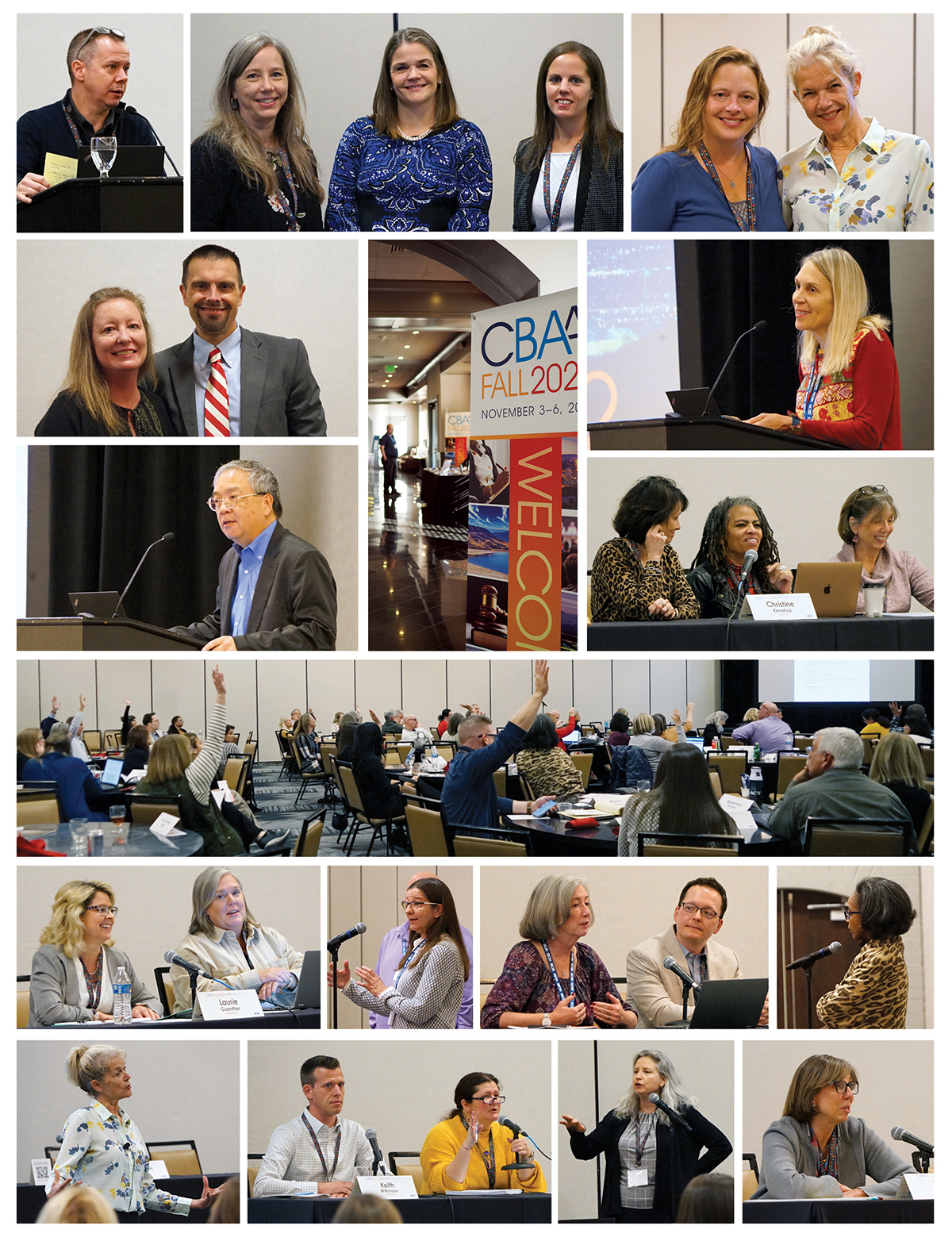 Collage of photos from the CBAA Fall Meeting depicting scenes including: speakers at podiums and roundtable discussions, meeting participant group shots, and welcome signage.