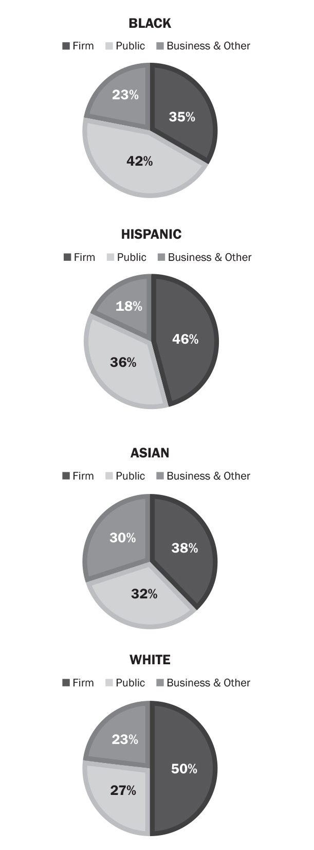 These pie charts show participation in three labor sectors (firm, public, and business & other) for the four major racial groups commonly identified in the United States (Black, Hispanic, Asian, and White) in Wave 3. The pie chart for the Black racial group shows 35% participation in the firm (private) sector, 42% in the public sector, and 23% in business & other. The pie chart for the Hispanic racial group shows 46% participation in the firm (private) sector, 36% in the public sector, and 18% in business & other. The pie chart for the Asian racial group shows 38% participation in the firm (private) sector, 32% in the public sector, and 30% in business & other. The pie chart for the White racial group shows 50% participation in the firm (private) sector, 27% in the public sector, and 23% in business & other.