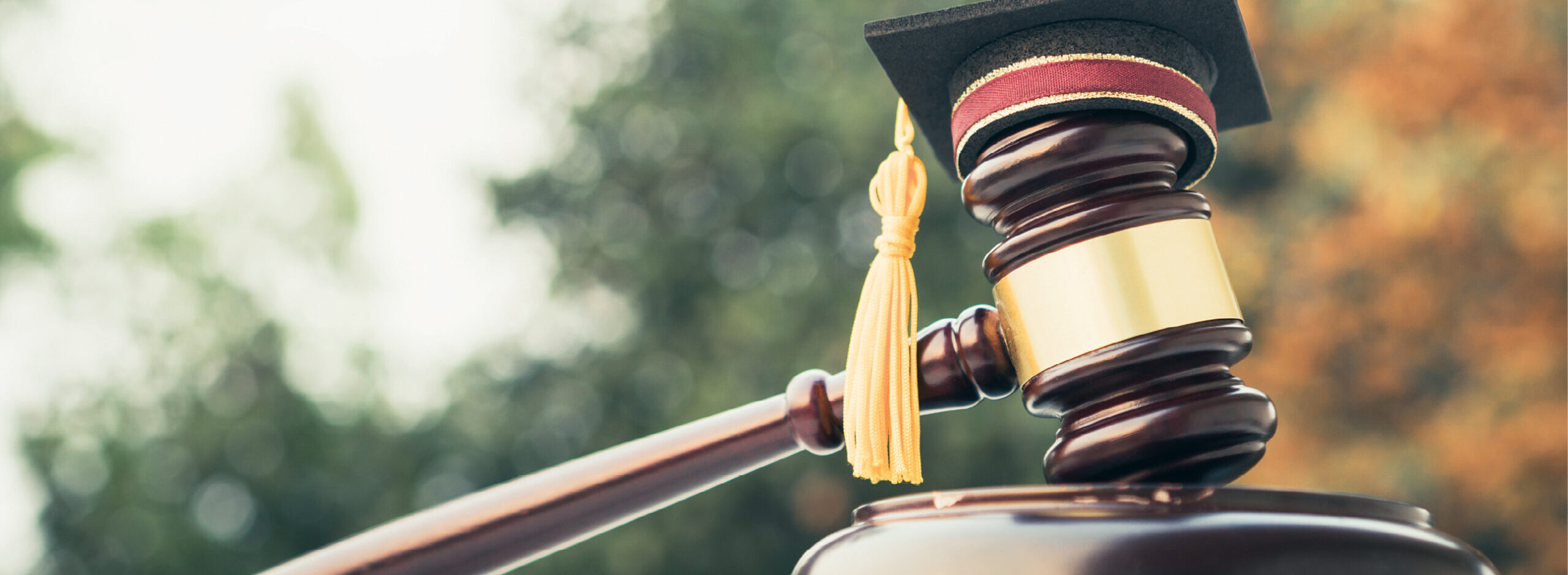 A wooden gavel resting on a block, with a small graduation cap and tassel atop the gavel