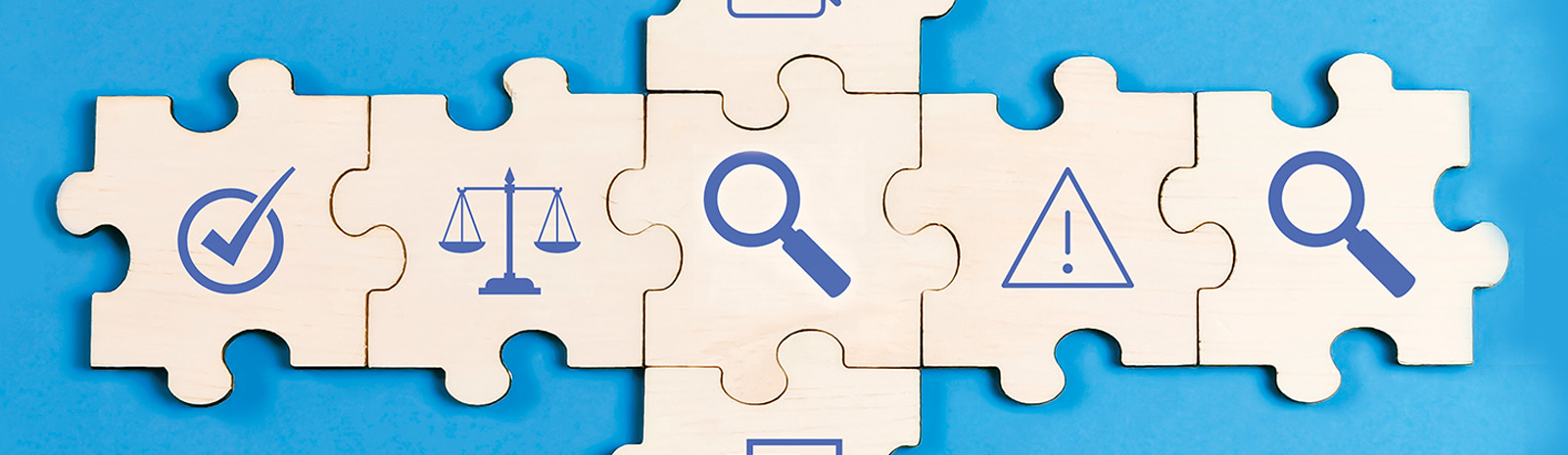 series of light-colored connecting puzzle pieces on a blue background. Several pieces have blue icons on them, including a magnifying glass, a checkmark, and a set of scales