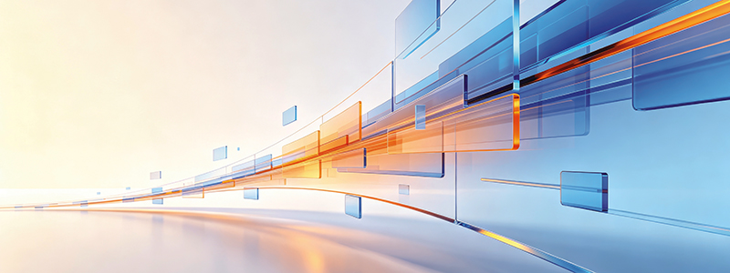 Transparent blue and orange glass panels flow in an arching current that runs from left to right. The left-most panels are barely visible and very far away. The right-most panels are big and very close.