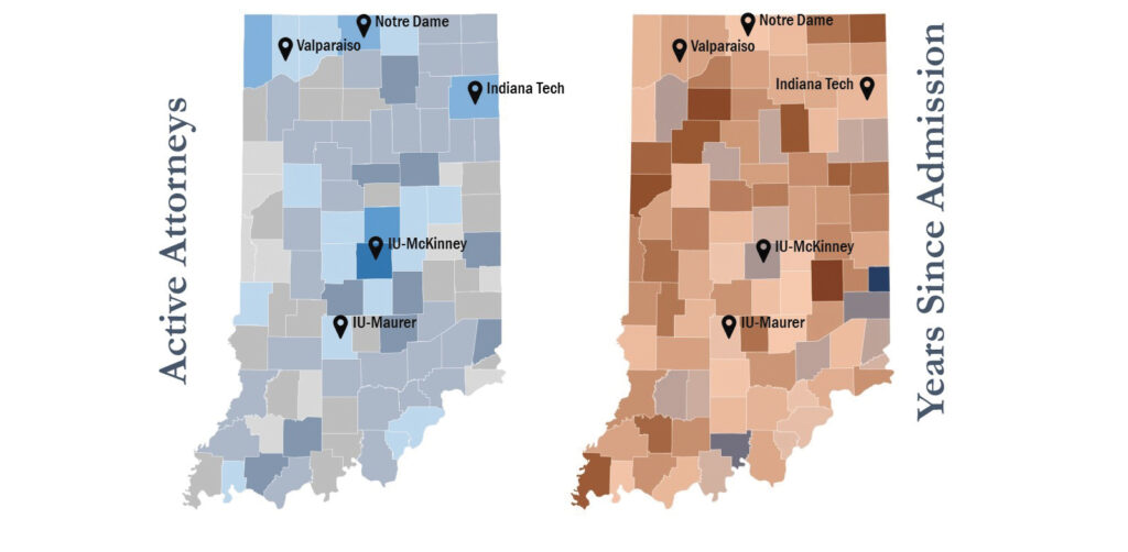 Two county-level maps of Indiana, one showing the number of active attorneys and one showing the average years since bar admission. Darker colors indicate higher numbers, with locations of Indiana’s law schools overlaid on each.”