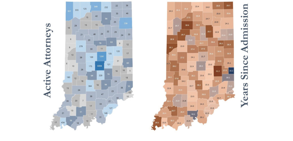 Two county-level maps of Indiana, one showing the number of active attorneys and one showing the average years since bar admission. Darker colors indicate higher numbers.