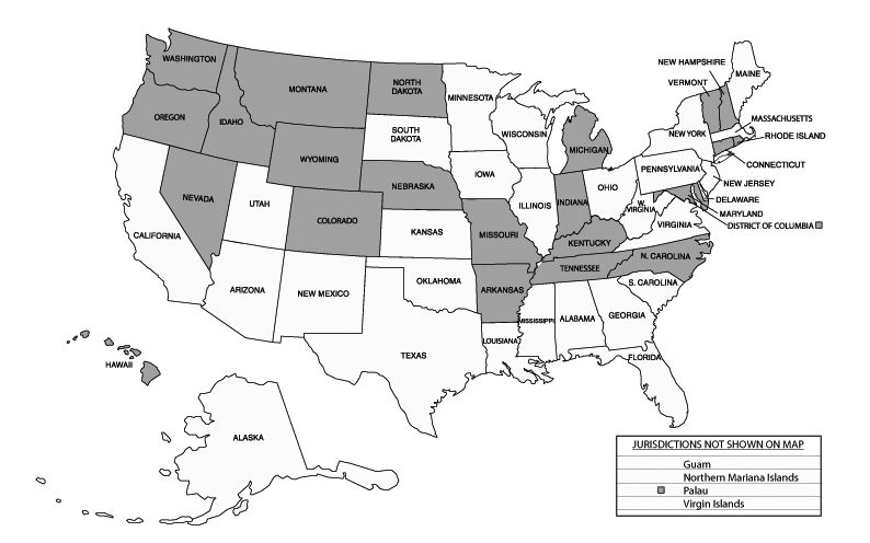 This map shows jurisdictions in which there has been bar admission administrator turnover since November 2010. The 24 jurisdictions that have experienced turnover are Arkansas, Colorado, Connecticut, the District of Columbia, Hawaii, Idaho, Indiana, Kentucky, Maryland, Michigan, Missouri, Montana, Nebraska, Nevada, New Hampshire, North Carolina, North Dakota, Oregon, Rhode Island, Tennessee, Vermont, Washington, Wyoming, and Palau.