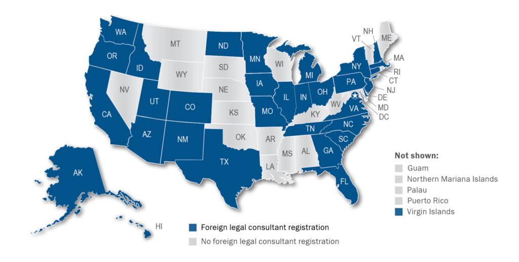 Map of the US jurisdictions showing those that have foreign legal consultant registration shaded blue