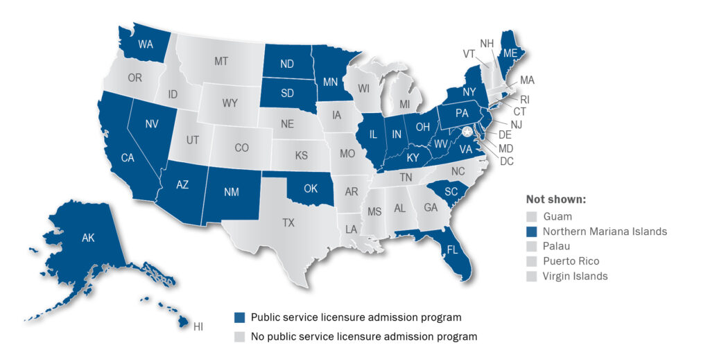 Map of the US jurisdictions showing those that have admission programs specific to public service licensure shaded blue