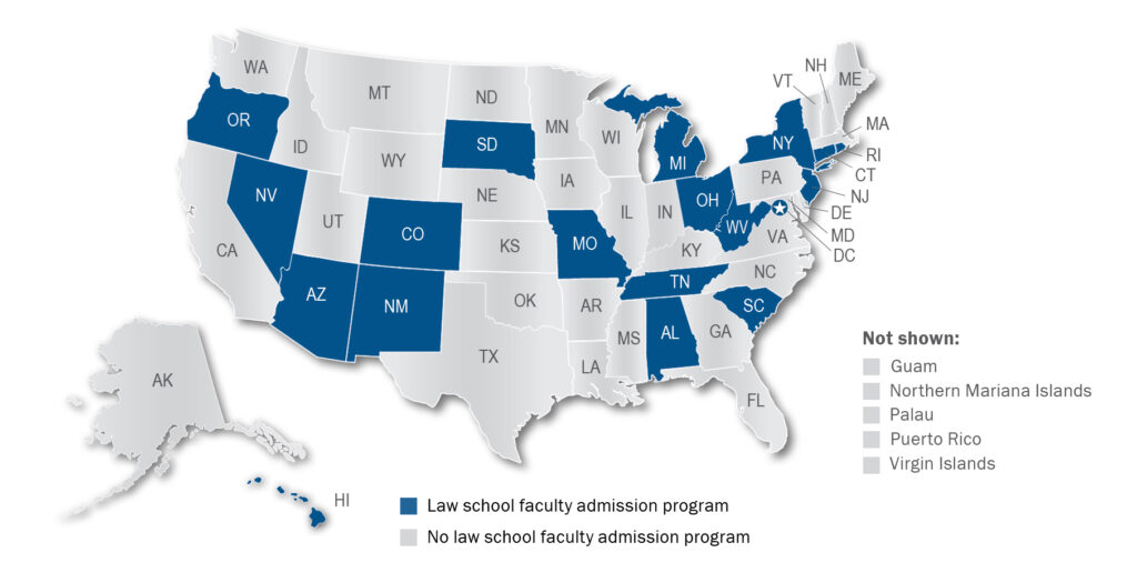 Map of the US jurisdictions showing those that have admission programs for law school faculty shaded blue