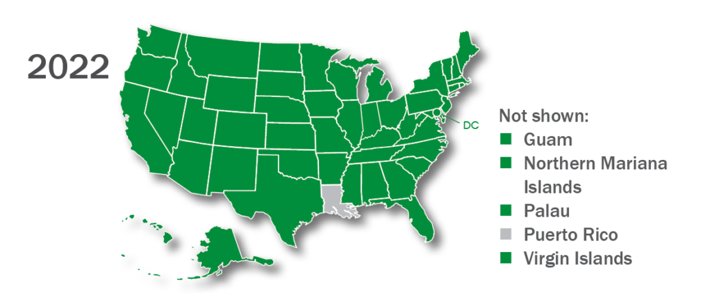 Side by side maps of the 50 US states showing, respectively, which jurisdictions used the MBE in 1972 and 2022. US territories not shown on maps but in side key. State outlines are filled in green if they use the MBE. In 1972, 19 jurisdictions used the MBE; in 2022, 54 did 