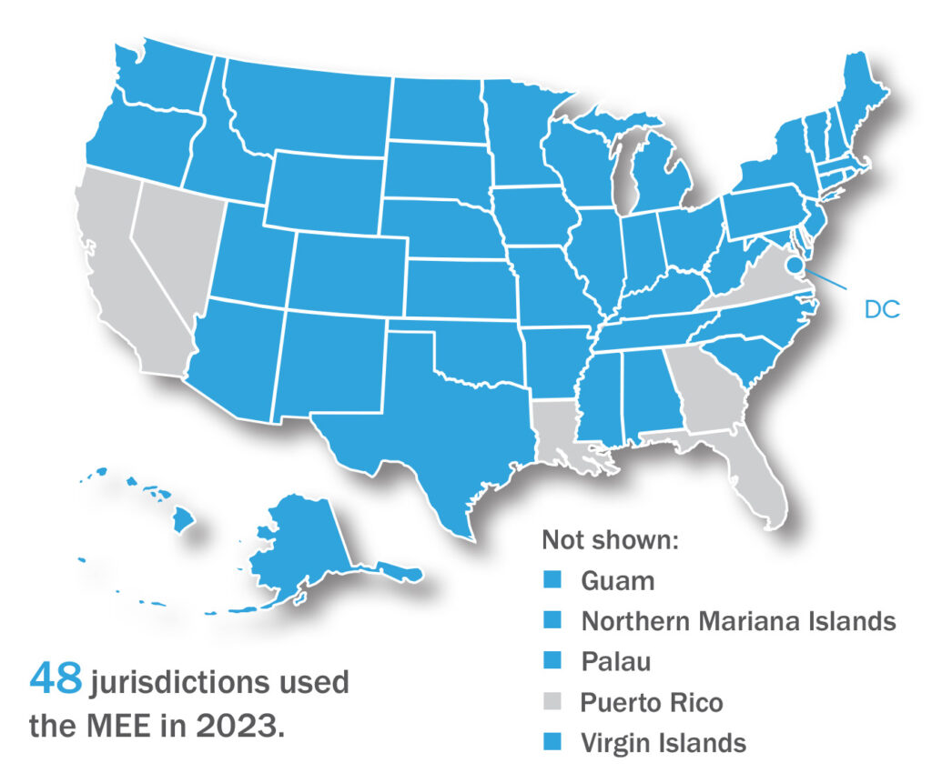 Map of the continental US plus Hawaii and Alaska with those jurisdictions that used the MEE in 2023 shaded light blue. 48 jurisdictions used the MEE