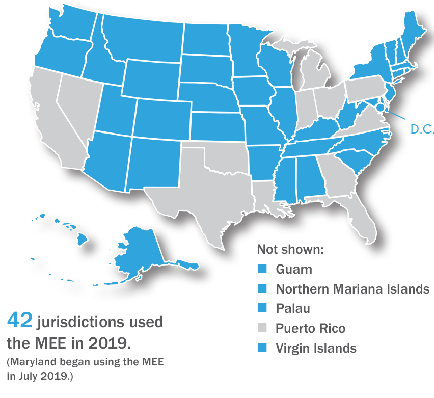 Map of 42 jurisdictions using the MEE in 2019sed
