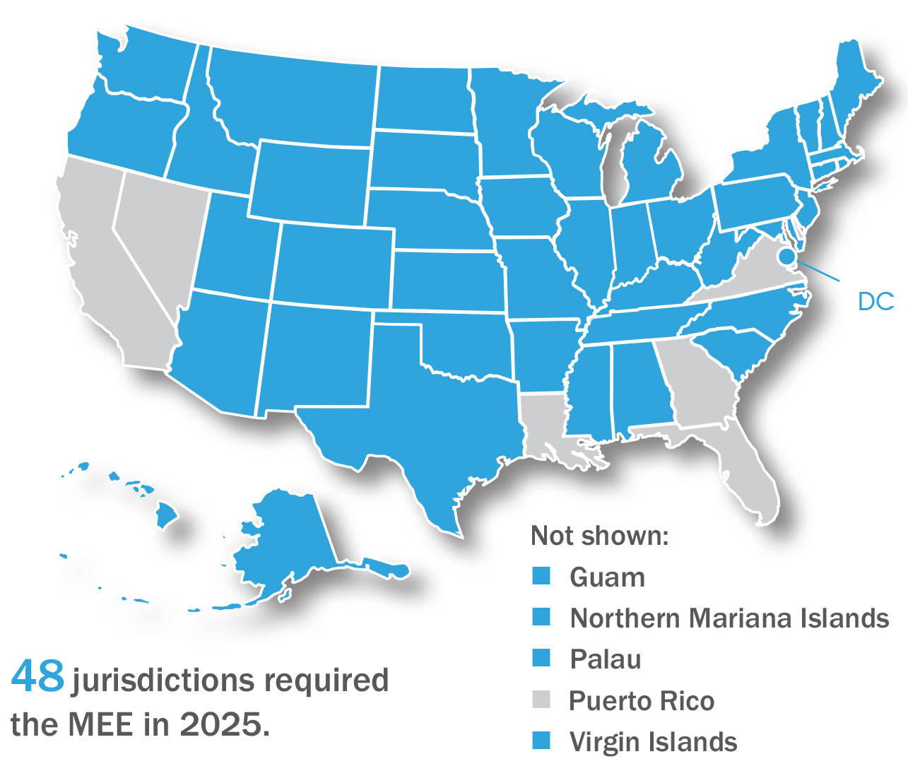 Map of continental US plus Alaska and Hawaii. Forty-eight jurisdictions that used the MEE in 2025 are shaded dark blue indicating they will use the MEE in the near future
