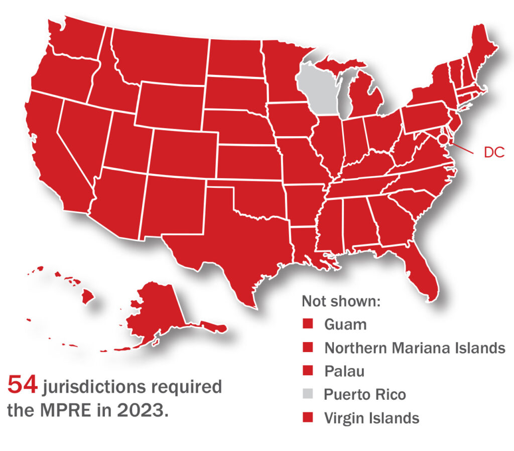 Map of the continental US plus Hawaii and Alaska with those jurisdictions that used the MPRE in 2023 shaded red. All except Wisconsin and Puerto Rico use the MPRE