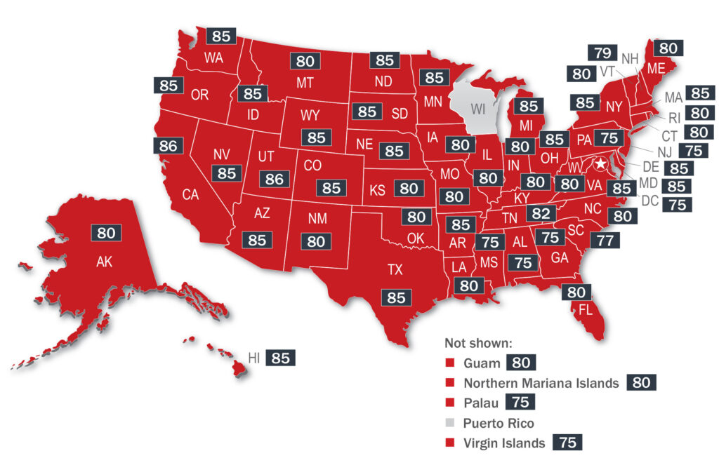 Map of the continental US plus Hawaii and Alaska with those jurisdictions that used the MPRE in 2023 shaded red. All except Wisconsin and Puerto Rico use the MPRE. Minimum MPRE passing scores listed on each jurisdiction