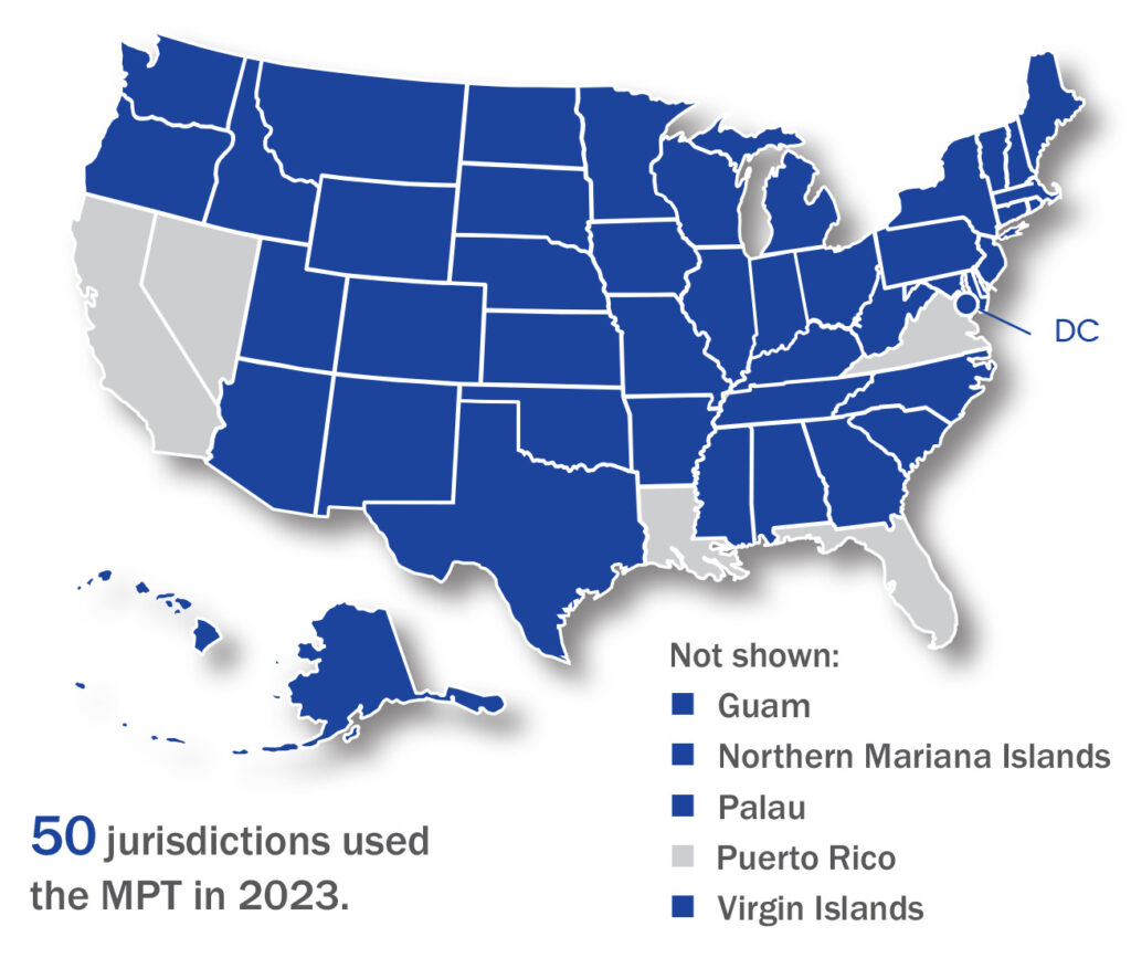 Map of the continental US plus Hawaii and Alaska with those jurisdictions that used the MPT in 2023 shaded dark blue. 50 jurisdictions used the MPT