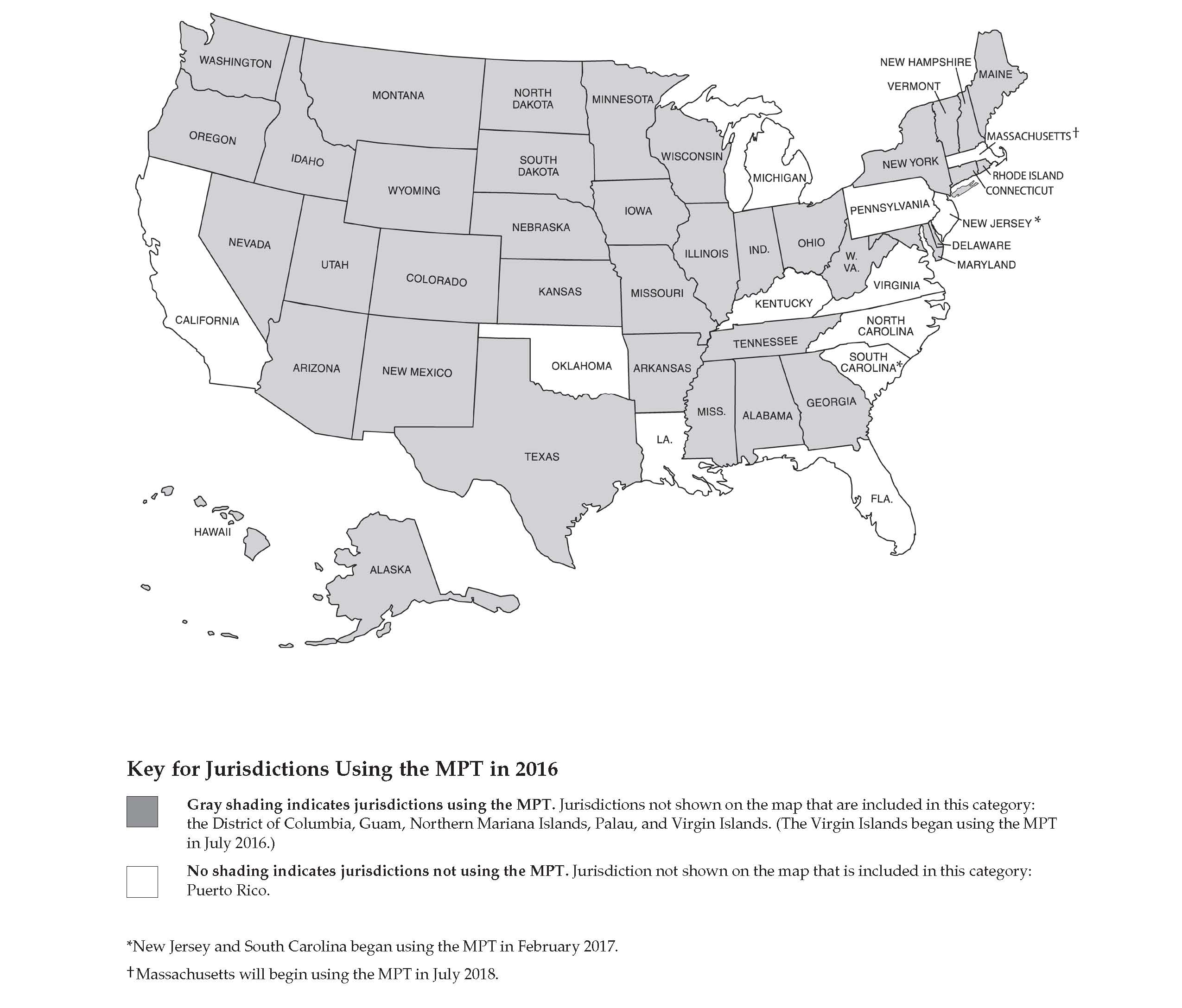 This map shows that all U.S. jurisdictions, with the exceptions of Louisiana and Puerto Rico, used the MBE in 2016.