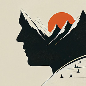 This image shows the side profile of a head silhouette. Inside the silhouette, an orange sun rises over a black and white mountain range.