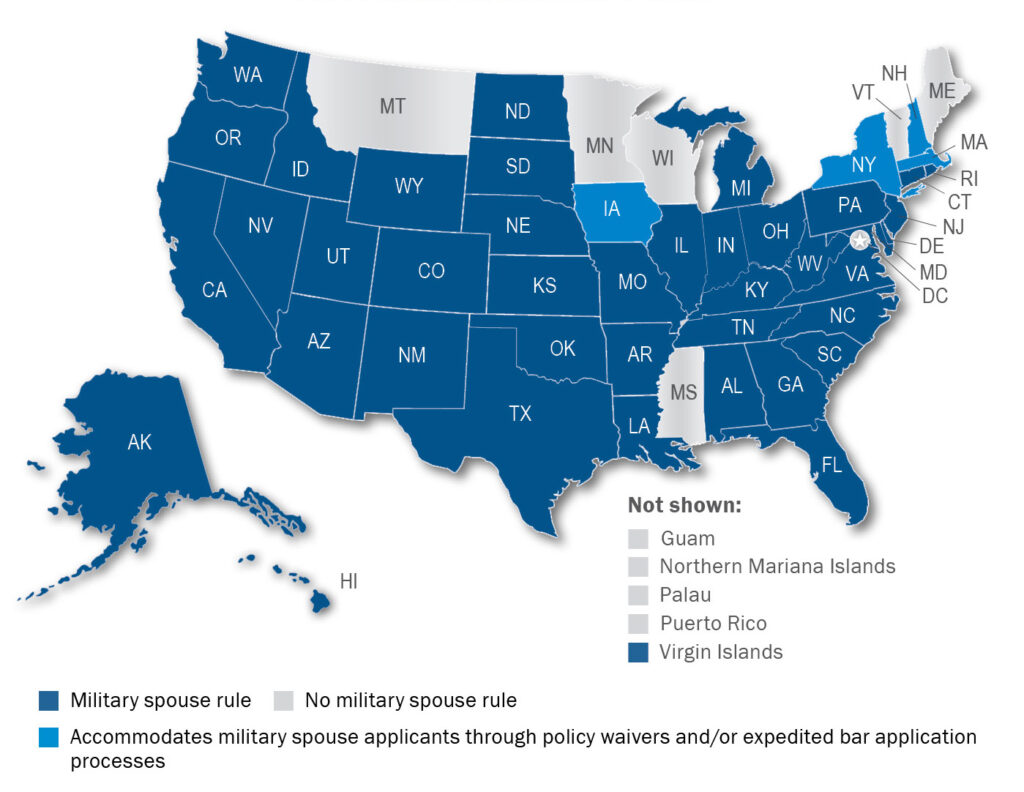 Map of the continental United States plus Alaska and Hawaii, with all states that have military spouse rules in effect shaded dark blue. States without any rules are shaded gray. A few states have no official rule but provide accommodations or expedite the bar application process for military spouses; these are shaded light blue