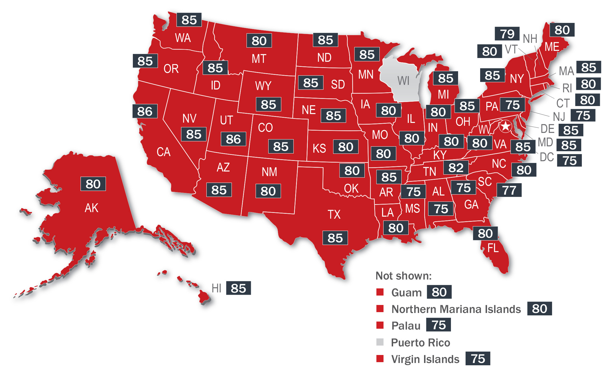Map of the continental US plus Hawaii and Alaska with those jurisdictions that used the MPRE in 2025 shaded red. All except Wisconsin and Puerto Rico use the MPRE. Minimum MPRE passing scores listed on each jurisdiction