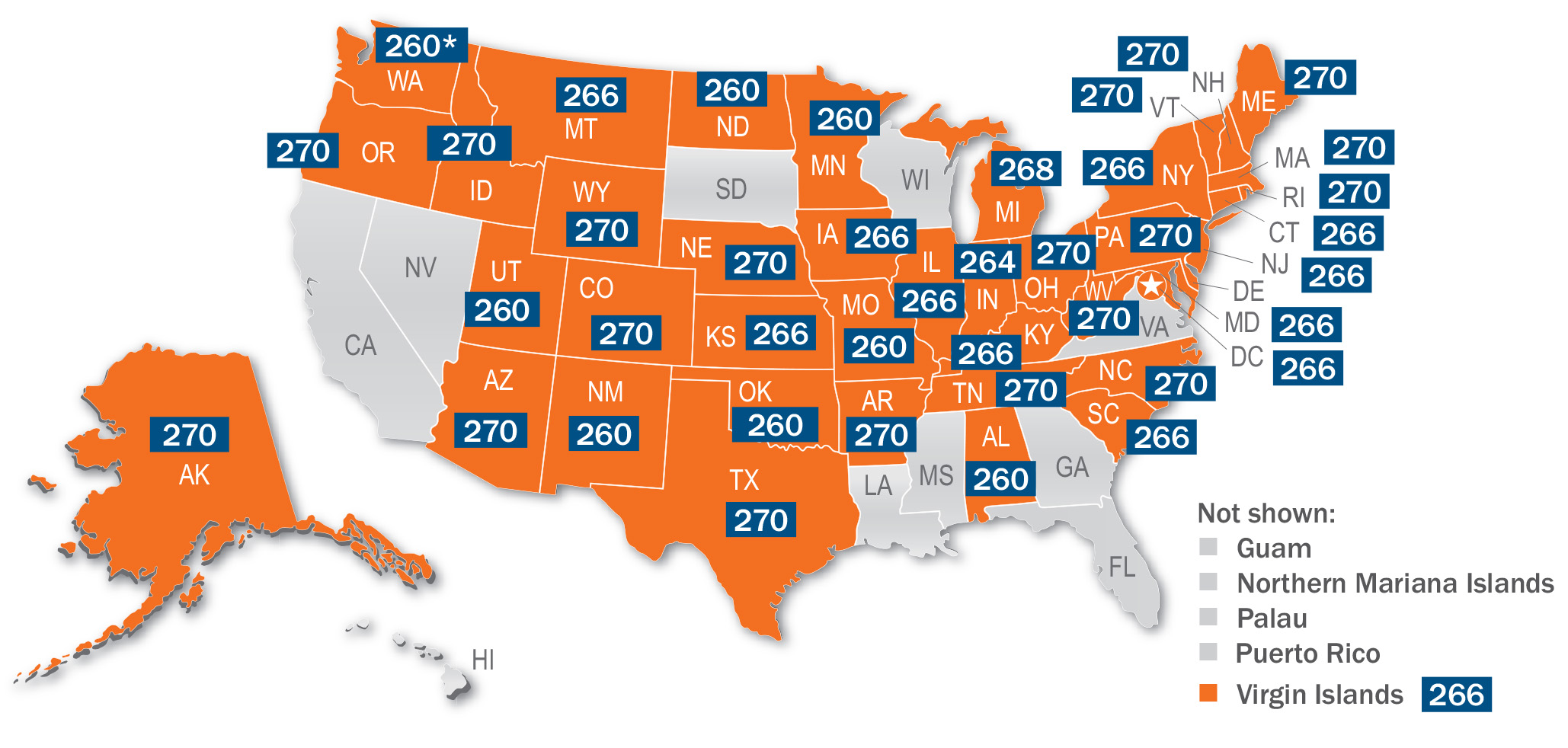Map of the continental US plus Hawaii and Alaska with those jurisdictions that used the UBE in 2025 shaded orange. Minimum UBE passing scores listed on each jurisdiction